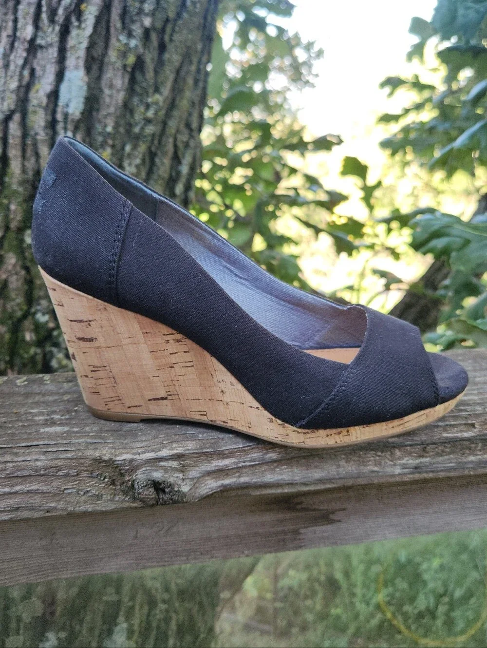 TOMS Black Open-Toe Wedge Espadrilles